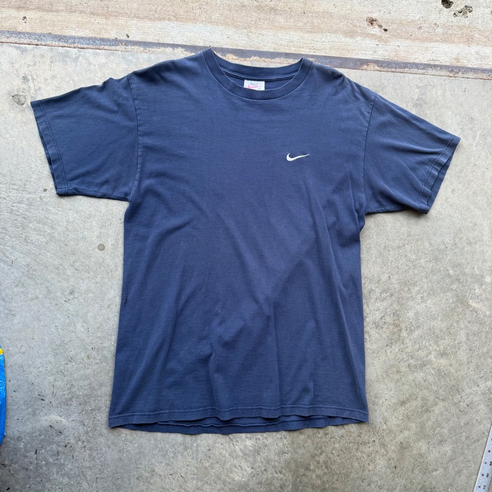 Vintage Nike T Shirt Mens Medium Navy Blue Embroidered Swoosh 90s White Tag USA